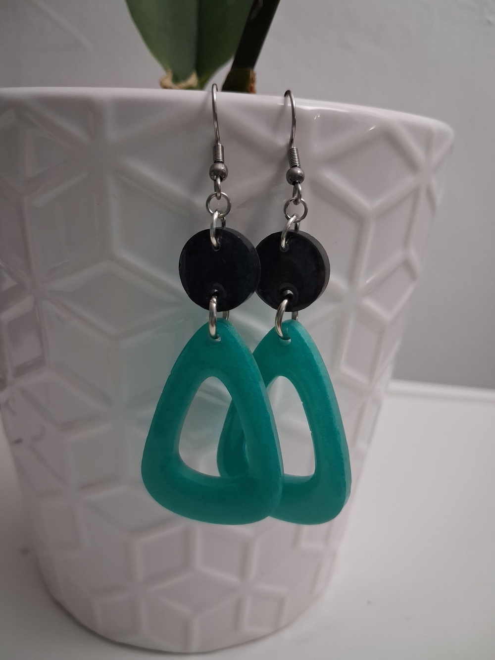 Teal Open-Triangle Drop Earrings with Black Discs